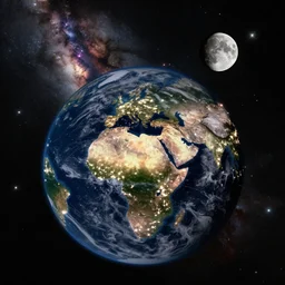 photograph of the earth as seen from the space at night lights glowing entire globe, nebula in the background high detail beautiful stars and earth moon behind earth