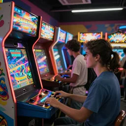 A busy arcade, 80's, by Ready Player One, by Back To The Future, XF IQ4, 150MP, 50mm, F1.4, ISO 200, 1/160s, natural light