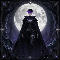 background is moon many light effects, particle, lights, gems, symmetrical centered portrait dark witch, adventurer outfit large cloak, fantasy forest landscape, dragon scales, fantasy magic, undercut hairstyle, short purple black fade hair, dark light night, intricate, elegant, sharp focus, illustration, highly detailed, digital painting, concept art, matte, art by wlop and artgerm and greg rutkowski and alphonse mucha, masterpiece