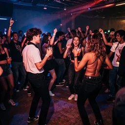 friends dancing at an alternative concert with drinks, crowd in the back, abstract style