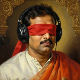 highly detailed potrait of srilankan politician ranil wickramasinghe with headphone and blindfolded eyes with cloths in baroque style, painting by james jean, mullins, j. c. leyendecker, lights, art by ernst haeckel,