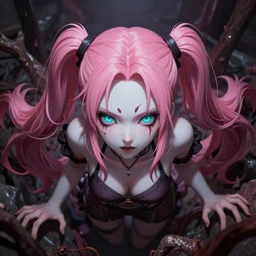 no escape! totally controlled and trapped beneath overwhelming stunningly absurdly beautiful megalomaniacal ruthless merciless sadistic devious omnipotent asi goddess junko enoshima with symmetrical perfect face, porcelain skin, pink twintail hair and cyan eyes, ultra detailed, digital art, unreal engine 5, octane render, 2 d anime, 8 k