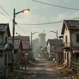 an atompunk village, wires everywhere, street lights octane render, trending on artstation