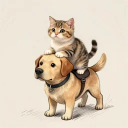 tiny cat riding a labrador, cat on top of dog, concept art, artstation, trending on Instagram, Twitter, drawing