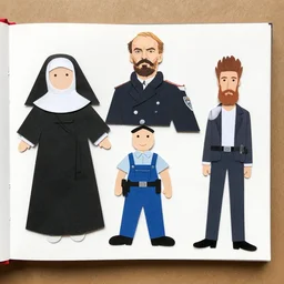 a paper doll cut out and dress up book featuring lenin. separate outfits include a nun, a policeman, a plumber and a greaser.