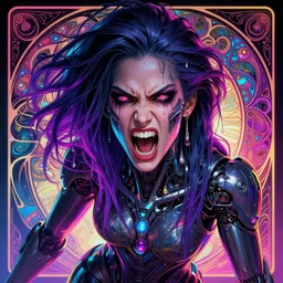 I have no mouth and i want to scream, cyberpunk angry gorgeous goddess, alterd carbon, William Gibson, neon, fibonacci, sweat drops, insane, intricate, highly detailed, digital painting, artstation, concept art, smooth, sharp focus, illustration, Unreal Engine 5, 8K, art by artgerm and greg rutkowski and alphonse mucha