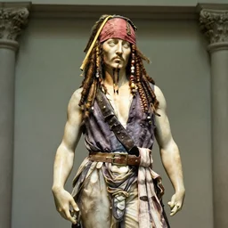 photo of a marble sculpture of Jack Sparrow by Michelangelo seen in a museum