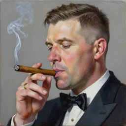 a close - up canvas painting of a realistic irish man with a fade haircut, lighting a cigar, wearing a suit, bowtie, and ring