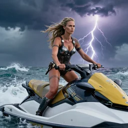 dramatic photo of charlize theron as a viking women with weapons riding on a jet ski, wearing skin - tight futuristic valkerie bikini, rough seas in background, lightning storms, water world, mad max, hyper - realistic, highly detailed, accurate, 8 k octane render, 2 8 mm, wide angle, rule of thirds