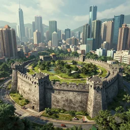 motte and bailey fortification in the future, in the style of kowloon walled city, dystopian cyberpunk asian architecture, trending on artstation