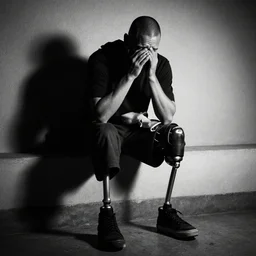 tony hawk with his legs amputated, crying, photograph, black and white, emotional lighting, moody shadows, 4 k
