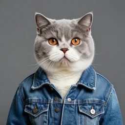 full head photo portrait of a cute british shorthair made of jeans jacket, medium shot, super realistic, crisp details, sharp, detailed, intricate, volumetric lights, cinematic, shot with hasselblad, octane render