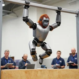 publicity photo released by boston dynamics of its prototype metallic orangutan - style robot leaping or swinging or climbing in an obstacle - course while engineers are taking notes.