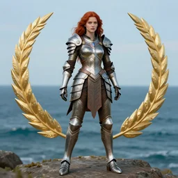 full body shot, fantasy armor hero pose of a beautiful red haired girl with very light skin with ocean in the background, highly detailed, 8 k, hdr, digital art, octane render, neo classical appeal award - winning, trending on artstation, ann stokes