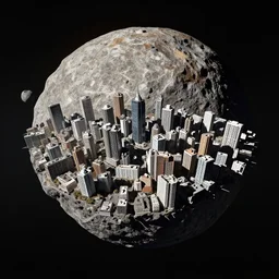 photograph of a city on an asteroid floating in space, wide shot, zoomed out