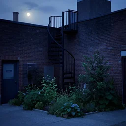 small overgrown urban garden at twilight in Montreal backalley, brick wall, metal spiral staircase, overcast sky, moonlight, volumetric lighting, cell-shading, blue and black color scheme, digital art