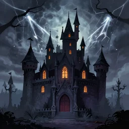 A spooky castle with thunder, illustration, digital art