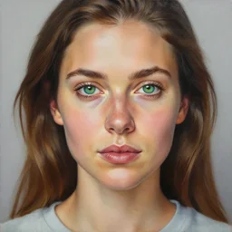 a portrait of a woman with green eyes and brown hair, wearing a tshirt, a photorealistic painting by mandy jurgens, trending on artstation, photorealism, detailed painting, behance hd, hyper realism