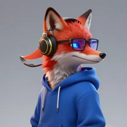 league of legends concept art anthropomorphic red fox in blue hoodie, art by charles liu, geek glasses, black and yellow headphones, blue glowing eyes, profile picture, empty background, fantasy style, perfect angle, soft lighting, vibrant color scheme, ultra detailed, volumetric lighting, octane render, commission art, 8 k wallpaper