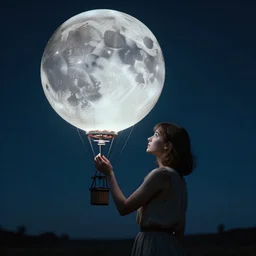 a huge hyperrealistic detailed, cinematic, portrait of a woman holding a glowing 3 d realistic blood moon, hot air balloon tied. the woman is in a mid shot, in a detailed night sky by kuvshinov and bilibin, karol back, barclay shaw