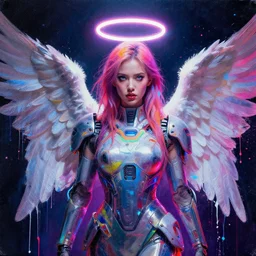 a portrait of a futuristic angel with beautiful eyes wearing futuristic clothing and a neon halo, defiant, passionate, spotlight, paint drips, paint splatter, vibrant colors, dramatic, canvas texture, futuristic clothing, glitch art by carl dobsky and jeremy mann