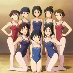 princesses posing together in leotards. by takashi takeuchi, yoshiyuki sadamoto, amagaitaro, makoto shinkai, krenz cushart, asao urata, pixiv