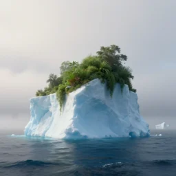 an iceberg with overgrown plants on top, middle of the ocean, morning fog, concept art, trending on artstation