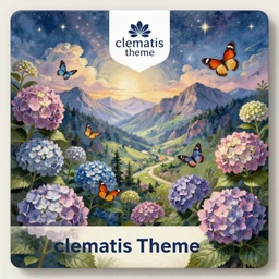 a beautiful painting of hydrangea which consists of all sorts of exotic butterflies and a landscape of the mountain valley, clematis theme logo, clematis theme banner, clematis design, clematis in the deep sea, clematis like stars in the sky, hydrangea, trending on artstation, warm light, fantasy art, 8 k resolution, highly detailed