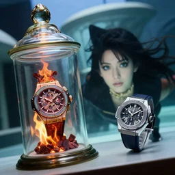 cinestill 5 0 d, 8 k, j. j abrams flare ; esoteric studio photo hublot timepiece in ana meets ran ( 1 9 9 0 ) film still underwater scene in frontiers in irridescent photography fashion magazine june seinen manga portrait edition, real - life seinen manga shaped occult figurine flare in victorian glass jar, releve pose, perfect eyes, tilt shift wide shot zaha hadid background