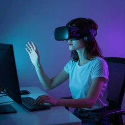 digital art of a woman working with a vr headset in a cyan and purple lit room gaspar noe style