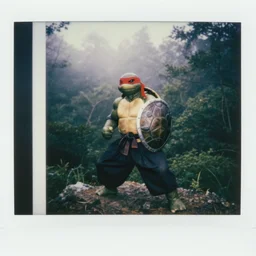 a badass turtle fighter animal anthropomorphic with red headband, wearing black hakama and a shield made out of a turtle shell, on deep forest peak, cinematic focus, polaroid photo, vintage, soft lights, foggy, by oleg oprisco, by thomas peschak, by discovery channel, by victor enrich, by gregory crewdson