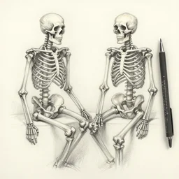 slightly anatomically incorrect pen and pencil sketch of two skeletons in perspective by finlay von patrick duffill