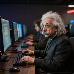 Albert Einstein sitting at a gaming computer, professional photography