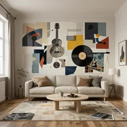 rendered in blender constructivism in beautiful room, music abstract, collage paper and tape, photo collage, high resolution, unreal 6, breathtaking detailed, by cornell joseph