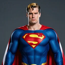 evil superman with blonde hair, no logo on his chest, and a cape of the american flag