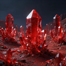 a epic landscape full of big red crystals emerging from the ground, concept art, octane render, unreal engine 5, trending on artstation, greg rutkowski, hyperrealistic, highly detailed, high quality, 8 k, dramatic lighting, cinematic, high coherence, high contrast, digital art, high definition, path traced, night