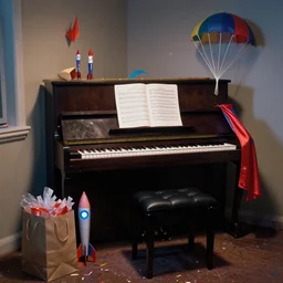 a small dimly lit room with a piano and piano stool, a gift bag, rocket boots, superhero cape, sheet music, a parachute, confetti, origami paper