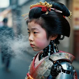 profile 3 / 4 face realistic photography of a cyborg robot japanese geisha 3 5 years old, short hair, few wrinkles around eyes, cinematographic, street photography of tokyo, cinematic light, grainy image, intense, a bit of smoke and fog around, filth and grim