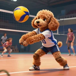 anthropomorphic poodle as a volleyball player in volleyball uniform, bumping volleyball on volleyball court, by leesha hannigan and ignacio fernandez rios, intricate, detailed, madcap, artstation, cinematic,