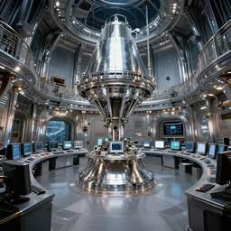 realistic photo interior of the spacious chrome metal polished sci - fi medieval expensive room observatory scientific interior with dozens of computers and displays 1 9 9 0, life magazine reportage photo