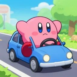 kirby from super smash bros driving a 2 door car ]
