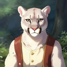 character portrait of a albino mountain lion wearing miner's clothes. hidari, color page, tankoban, 4K, tone mapping, Akihiko Yoshida.