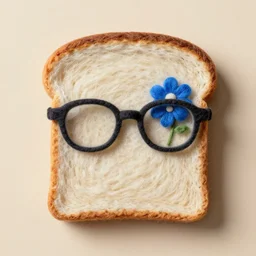 a bread toast wearing eyeglasses and a blue flower, needle felting art