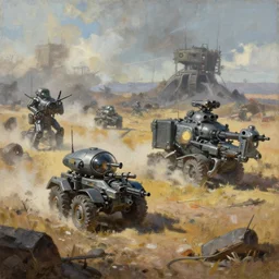 a stylised painting of a battlefield in world war 3 with future military equipment