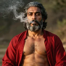 mr robert smoke weed and meditate, he has dark grey hairs, detailed glad face, muscular chest, visible belly, golden hour closeup photo, red elegant shirt, eyes wide open, ymmm and that smell