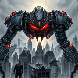 evil mecha with elon musk head ready to conquer a city, dynamic lighting, cinematic, establishing shot, extremely high detail, foto realistic, cinematic lighting, pen and ink, intricate line drawings, post processed, concept art, artstation, matte painting, style by raphael lacoste, eddie mendoza