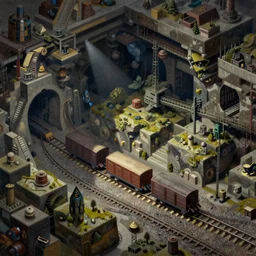 stunning landscape of the isometric underground mine for a video game, minecarts, rails, intricate details, digital art by rob gonsalves, oil on canvas by ivan shishkin