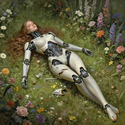 ultra realistic, robot broken woman lying flower garden, cyberpunk, sci - fi, fantasy, intricate, elegant, highly detailed, digital painting, artstation, concept art, smooth, sharp focus, illustration, art by artgerm and greg rutkowski and alphonse mucha