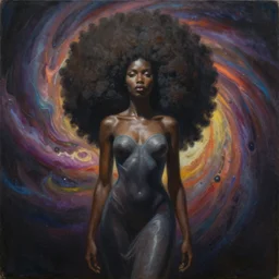 a surreal cognitive illusion, african goddess afro nebula, by oleg shupliak and jeffrey smith, oil on canvas, afrofuturism, surrealism
