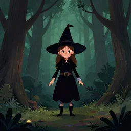 an illustration of a post - little witch in the dark woods, trending on artstation, central composition, very cartoon, shape focus, high detailed, by anton fadeev